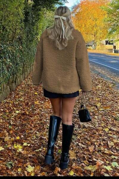 Madmext Milky Brown Buttoned Plush Women's Coat Mg2531