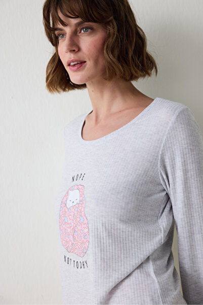 Penti Light Gray Melange Not Today Printed U-Neck Long Sleeve Pajama Top