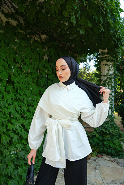 LOCCO Cămașă din popelin cu șireturi pentru umăr pentru femei, albă