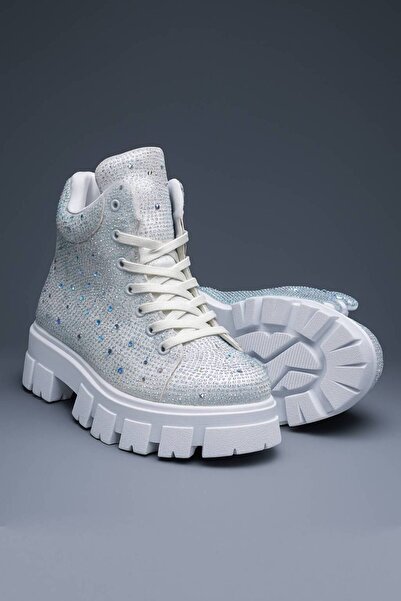 Nstil Günlük Taşlı Kadın Beyaz Bot Bağcıklı Oval Burun Hafif Yüksek Topuk Tırtıklı Kalın Taban Bootie 441