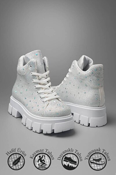 Nstil Günlük Taşlı Kadın Beyaz Bot Bağcıklı Oval Burun Hafif Yüksek Topuk Tırtıklı Kalın Taban Bootie 441