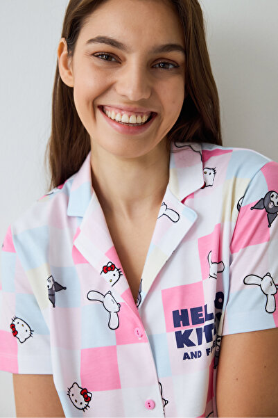 Penti Optical White Hello Kitty Plaid Shirt Collar Cotton Short Sleeve Pajamas Set