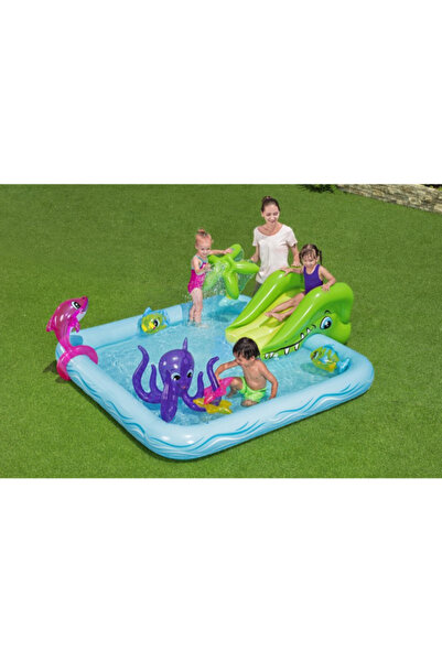 BESTWAY مسبح أطفال هوائي كبير بزحليقة ورشاش ماء – تصميم بحري ممتع للأطفال بالصيف 53052