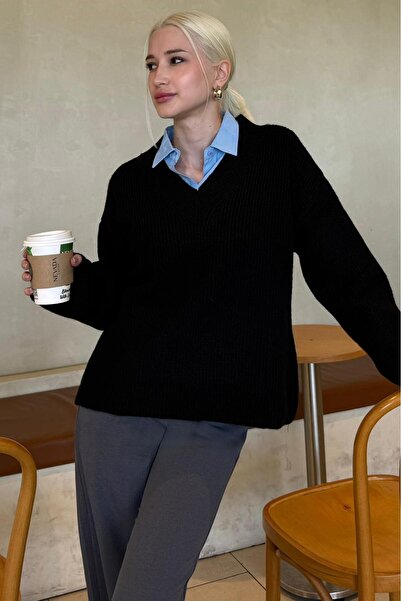 Madmext Black V-Neck Knitwear Women's Sweater Mg2501