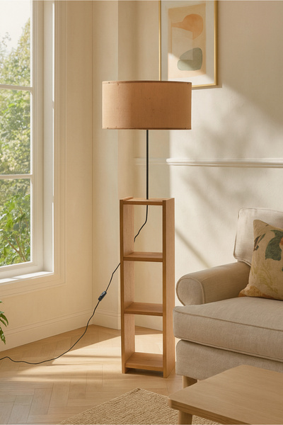 HOMİNG Dekoratif Raflı Lambader Silindir Şapka Sütlü Kahve