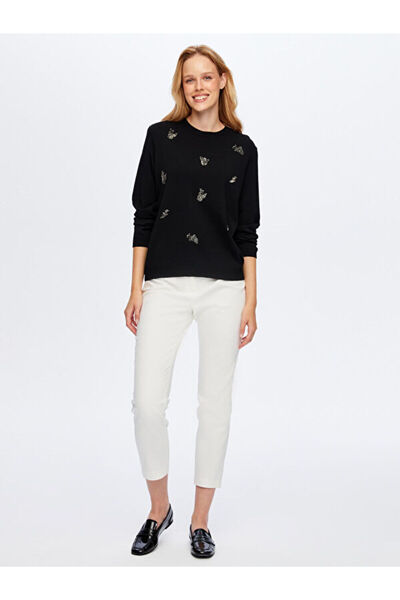 Faik Sönmez Beaded Embroidery Detailed Long Sleeve Knitwear Blouse W26Trb018
