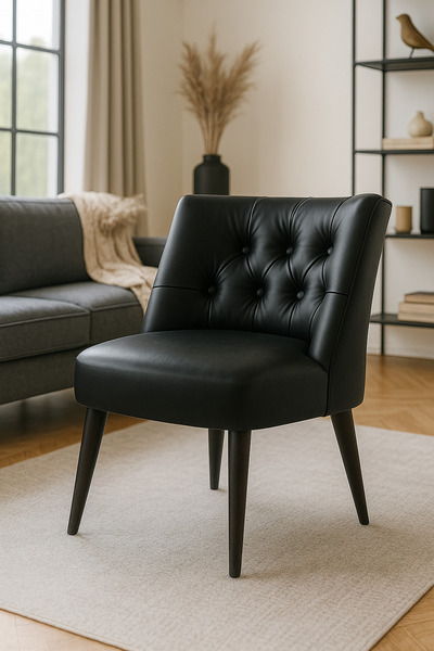 Azra Mobilya Modern Kapitoneli Deri Berjer Sandalye – Ahşap Ayaklı, Demonte G...