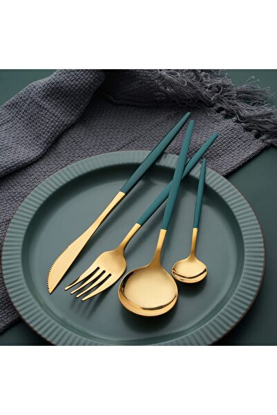 awwaline 24-Piece Portuguese Style Cutlery Set, Awwaline, Gold/Green, Stainless Steel