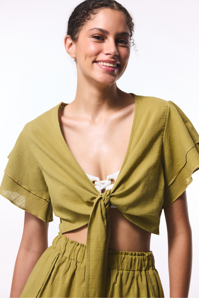Penti Oil Green Peek Crop Top Top with Binding Detail