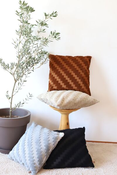 HAMUR Bohem Özel Tasarım Punch Panç Desen Kare Dekoratif Kırlent Kılıfı Zigzag Gri