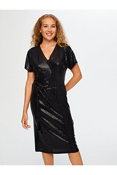 Faik Sönmez Şifon Garnili Kısa Kol V Yaka Payet Abiye Elbise W26ABY014