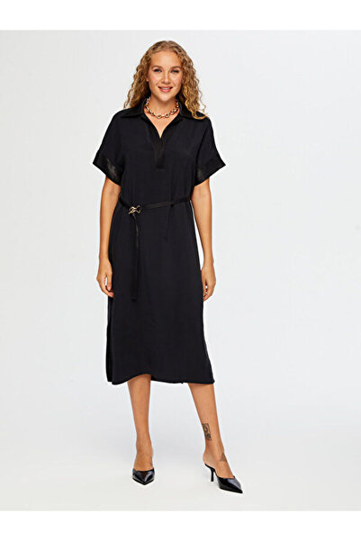 Faik Sönmez Saten Garnili Kısa Kol Şık Torba Elbise W26ELB005