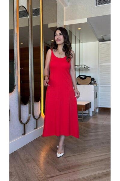 MODA55 Женска рокля с рамене и кръгла яка от вискоза