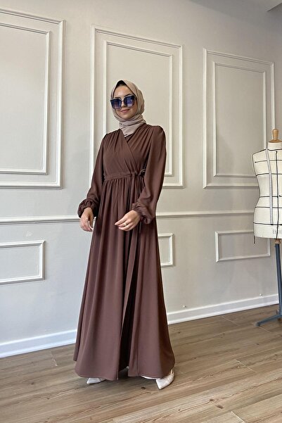 Berel Moda İçten Ve Dıştan Bağlama Detaylı Dökümlü Kırışmaz Krep Hürrem Elbise Ferace Hardal