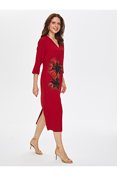 Faik Sönmez Çiçek Nakış Ve Boncuk Süslemeli V Yaka Abiye Elbise 69106