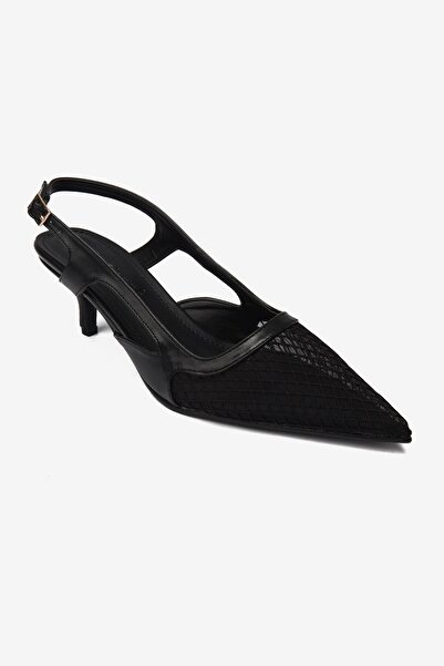 Seniorah Black Skin Mesh Detailed Pointed Toe Women's Heeled Shoes