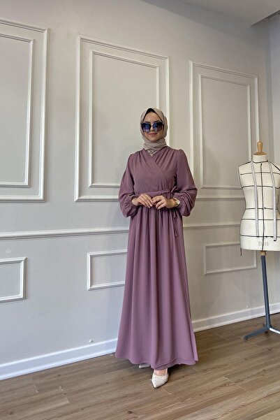 Berel Moda Φόρεμα Crepe Hürrem με λεπτομέρεια δεμένη εσωτερικά και εξωτερικά, χωρίς τσακισμένα, Ferace Dusty Rose