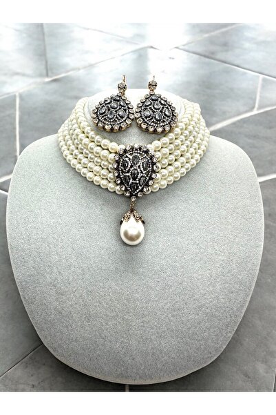 FUYA JEWELLERY Elmas Montür Zirkon Taşlı İnci Kolye, Küpe Set