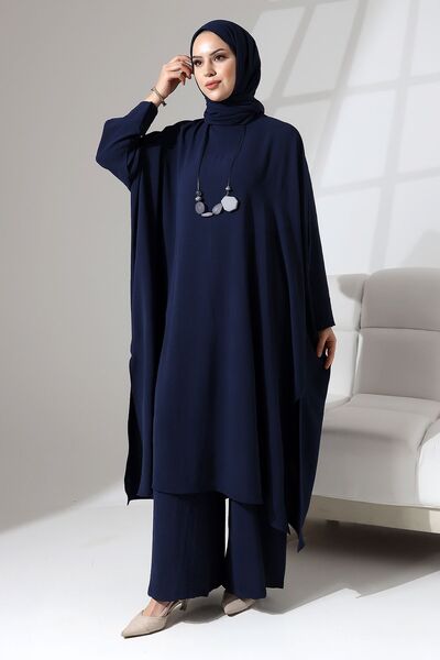 Berel Moda Σετ με λεπτομέρεια με σχισμή με μανίκια κρεμπλέ Aerobin Zühre - Navy Blue