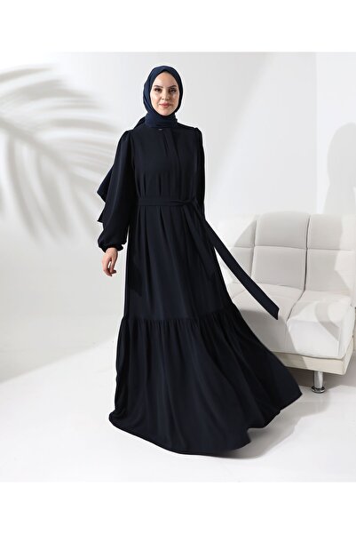 Berel Moda Balon Kol Manşeti Lastikli Eteği Fırfırlı Krep Sevde Ferace Lacivert