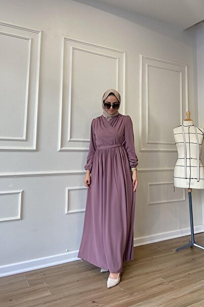 Berel Moda Φόρεμα Crepe Hürrem με λεπτομέρεια δεμένη εσωτερικά και εξωτερικά, χωρίς τσακισμένα, Ferace Dusty Rose