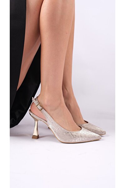 romex Gold Baskı Detaylı Sivri Burun Gold Topuklu Abiye Ayakkabı - Zarif Ve Şık Tasarım