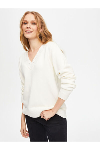 Faik Sönmez Yakası Delikişi Örgülü V Yaka Triko Bluz 69633