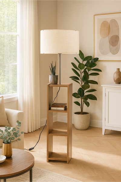 HOMİNG Dekoratif Raflı Lambader Krem Rengi