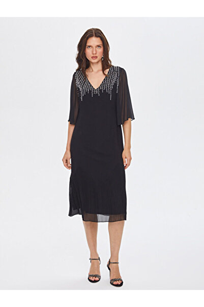 Faik Sönmez Taş İşli Eteği Pilise Detaylı V Yaka Abiye Elbise 69108