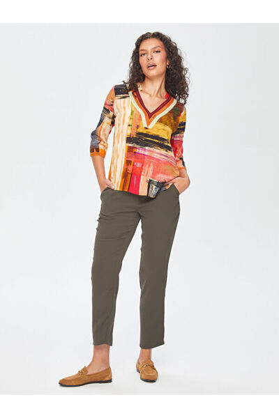 Faik Sönmez Abstract Pattern Collar Woven Stripe Detailed V-Neck 3/4 Sleeve Blouse 69139