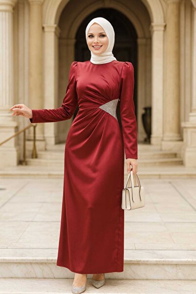 Neva Style Drape Detailed Burgundy Hijab Satin Evening Dress 5940Br