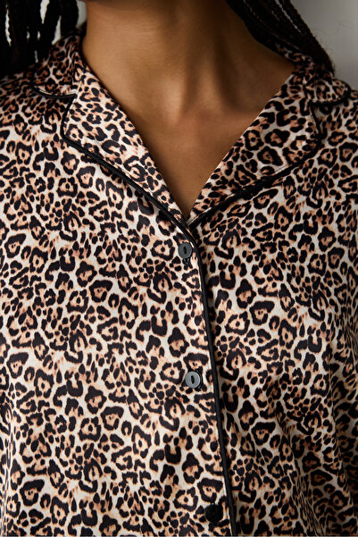 Penti Leopard Saten Açık Bej Gömlek Pantolon Pijama Takımı