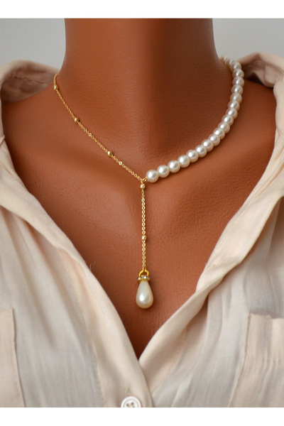 BİJUTERİ EVİ Incili Damla Model Top Zincirli Kadın Kolye