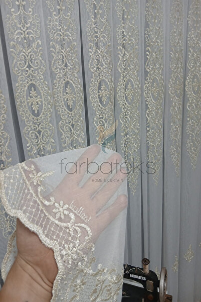 Brillant Şehrazat Gold Motif Embroidered 3-Layer Pleated Iron-Free Living Room Tulle Curtain