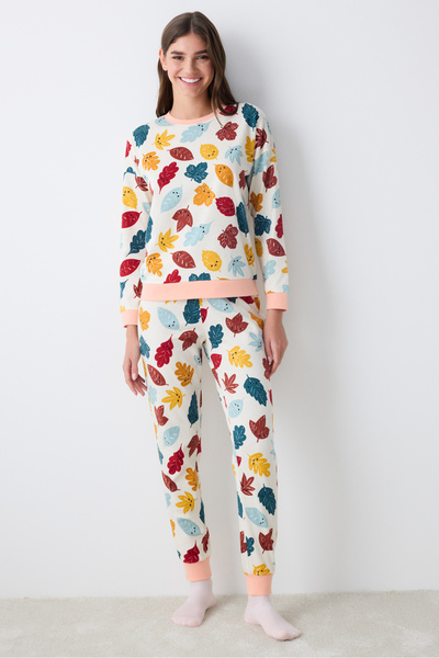 Penti Pamuklu Leaf Beyaz Pantolon Pijama Takımı