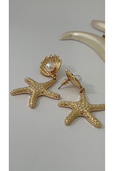 Goche YENİ Kadın Gold Renk Midye ve Deniz Yıldızı Figürlü İncili Sallantılı Küpe