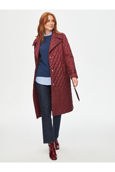 Faik Sönmez Flower and Diamond Pattern Long Quilted Coat 69427