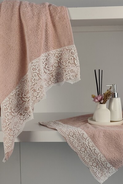 Sevim Guipure Lace Bath Towel Set - 100% Cotton Bath Set - Bridal Towel - Dusty Rose