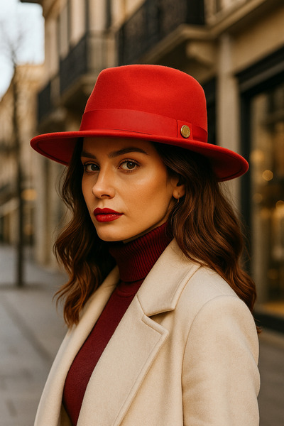 Luminos Butik Kırmızı Panama Fötr Şapka - Zarif Metalik Aksesuarlı, Geniş Kenarlı Şık Tasarım Spk1145