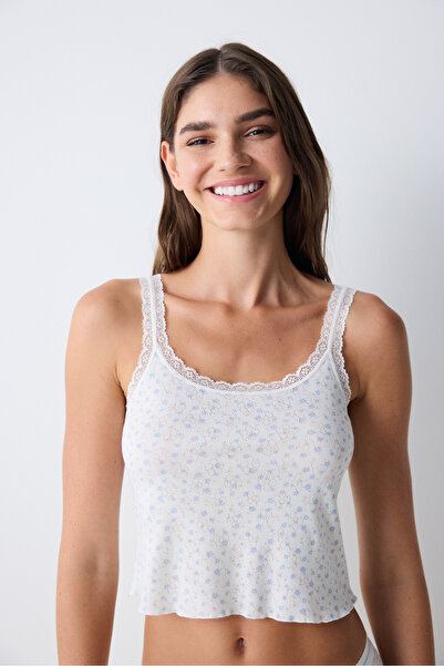 Penti Cotton Pointel Printed Pamuklu Beyaz Atlet