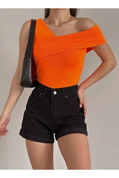 lovebox Women's Stretchy Knitwear Fabric One Shoulder Design Basic Orange Blouse 0265
