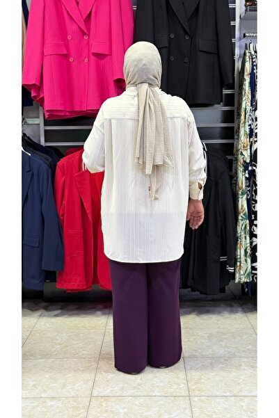 Sevda Kılınç Large Size Striped Crepe Fabric Trousers