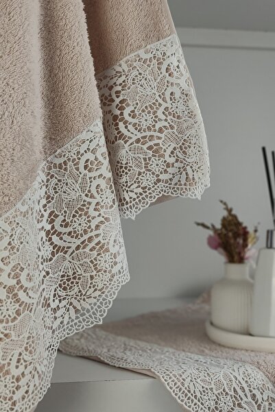 Sevim Guipure Lace Bath Towel Set - 100% Cotton Bath Set - Bridal Towel - Powder