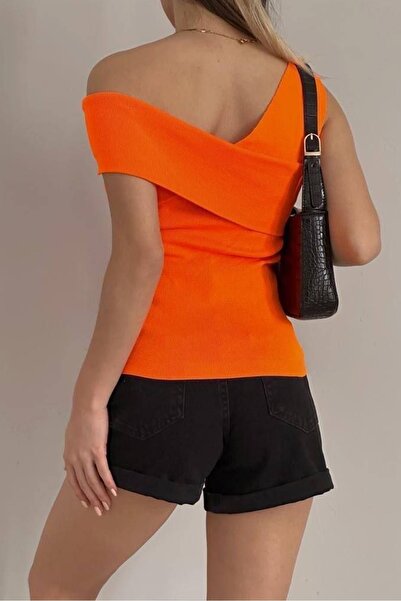 lovebox Women's Stretchy Knitwear Fabric One Shoulder Design Basic Orange Blouse 0265