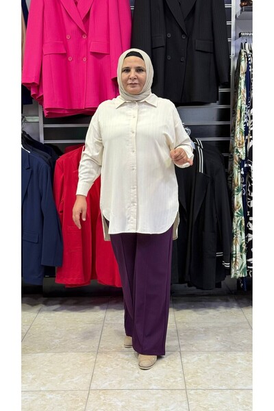 Sevda Kılınç Large Size Striped Crepe Fabric Trousers