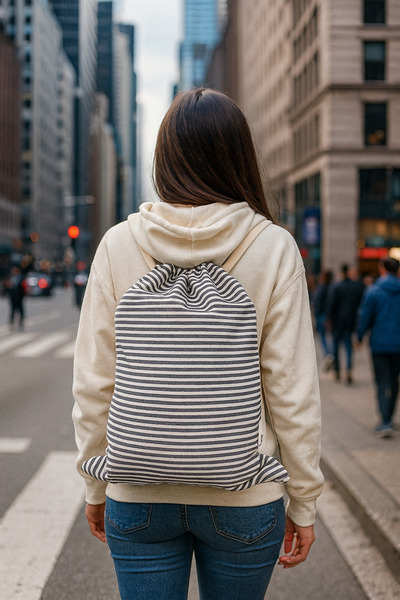 DENİMTİME Siyah-Beyaz Çizgili Bez Denim Kumaş Unisex İpli Sırt Çantası