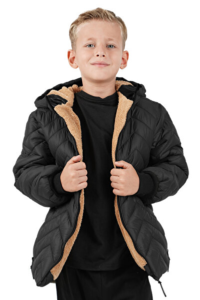 Merdia Erkek Çocuk Su ve Rüzgar Geçirmez İçi Kürklü Kapüşonlu Mont Zigzag Desenli