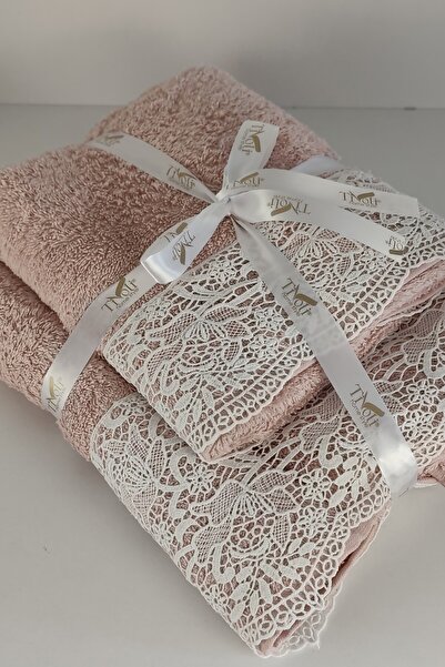 Sevim Σετ πετσετών μπάνιου από δαντέλα Guipure - Σετ μπάνιου από 100% βαμβάκι - Νυφική ​​πετσέτα - Dusty Rose