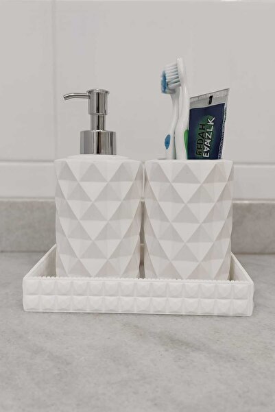 Karra Art طقم حمام خرساني مصنوع يدويًا - 3 قطع (صابونة، حامل فرشاة أسنان، صينية)