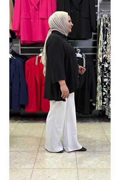Sevda Kılınç Large Size Striped Crepe Fabric Trousers
